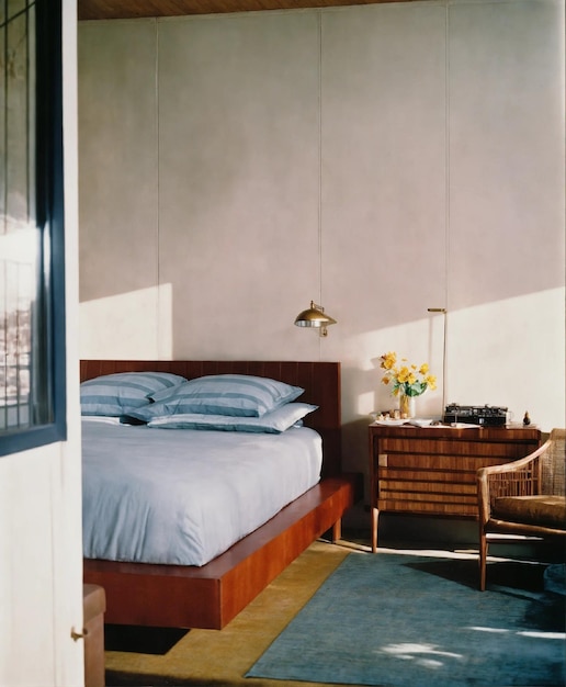 un dormitorio con una cama y una lámpara en la pared