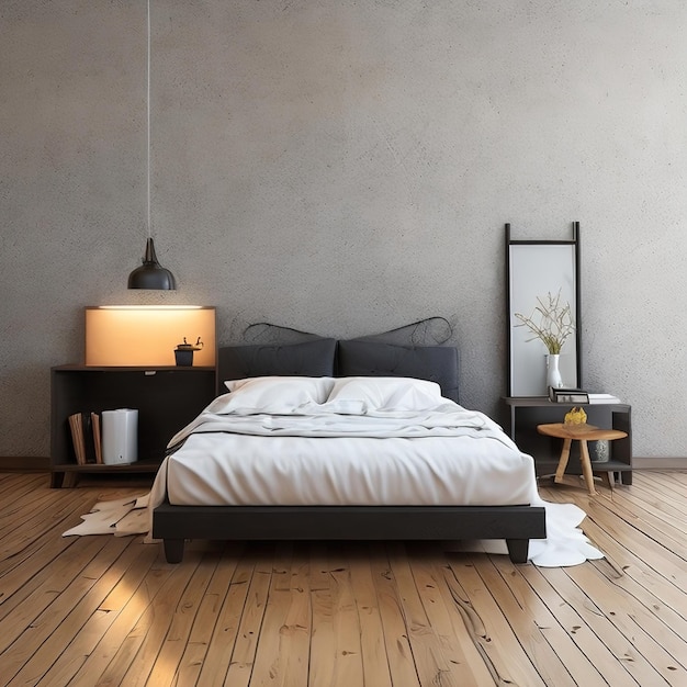 Un dormitorio con una cama y una lámpara en el suelo.