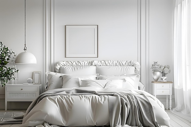 un dormitorio con una cama y un marco de imágenes que dice "el nombre de la cama"