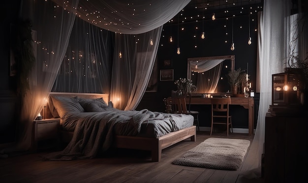 Un dormitorio con una cama y una mesa con luces que cuelgan del techo.