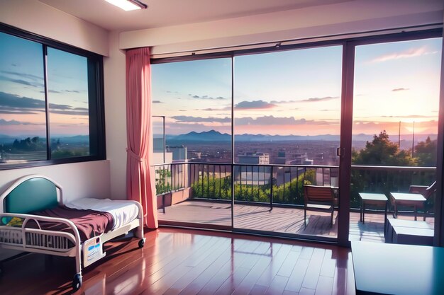 Foto un dormitorio con una cama y una mesa con una montaña al fondo.