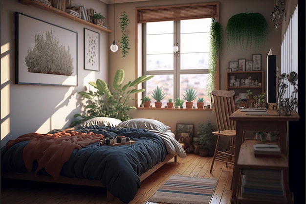 Un dormitorio con una cama y una mesa con una planta encima.