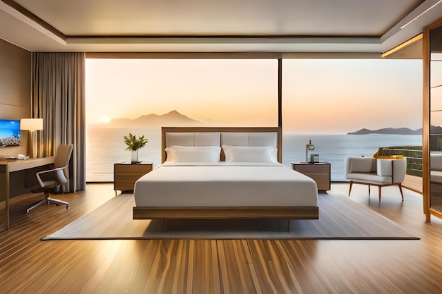 Un dormitorio con una cama, una mesa y una ventana con vista al mar.