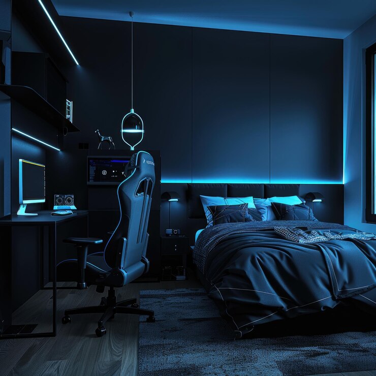 un dormitorio con una cama y un monitor en la pared
