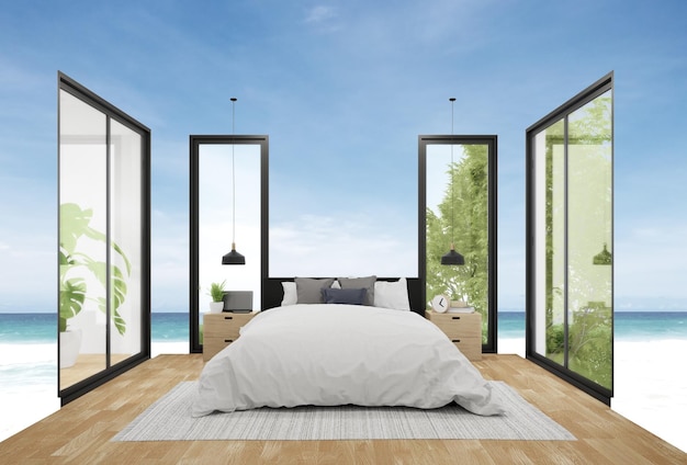 Dormitorio con cama y muebles en piso de madera 3D de interior con fondo de mar y cielo