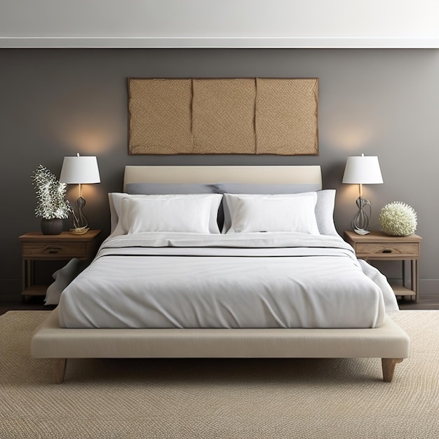 Un dormitorio con una cama y una pared con una alfombra.