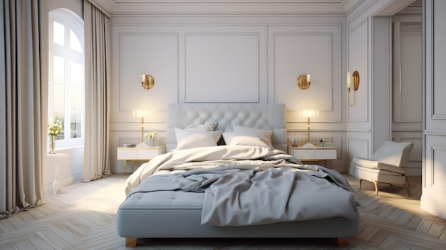 Un dormitorio con una cama y una pared blanca con un marco dorado.