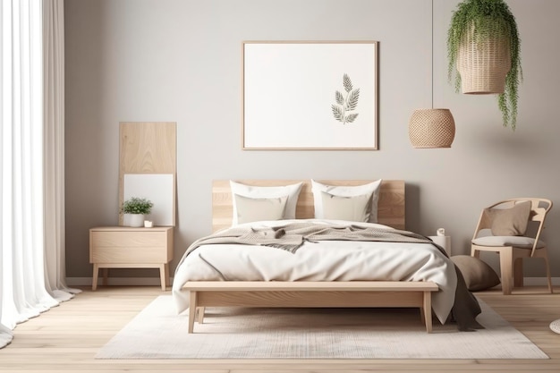 Un dormitorio con una cama y una planta en la pared.