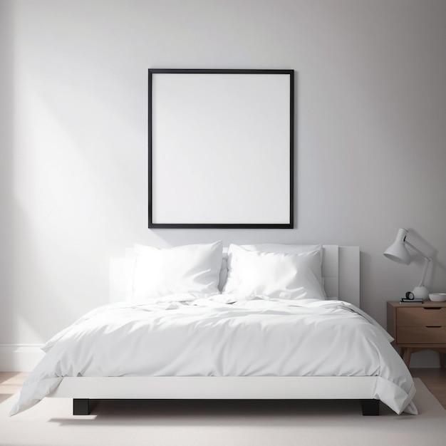 Un dormitorio con una cama prolijamente arreglada y un marco vacío en la pared