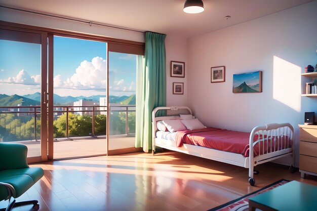 Un dormitorio con una cama y una puerta corrediza de vidrio que dice 'vista a la montaña'