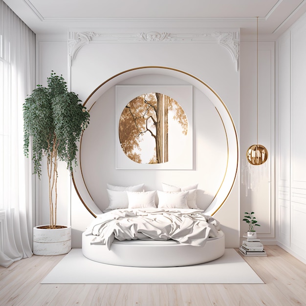 Un dormitorio con una cama redonda y una planta en el medio.