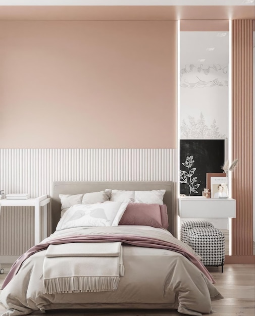 un dormitorio con una cama rosa y blanca y una chimenea
