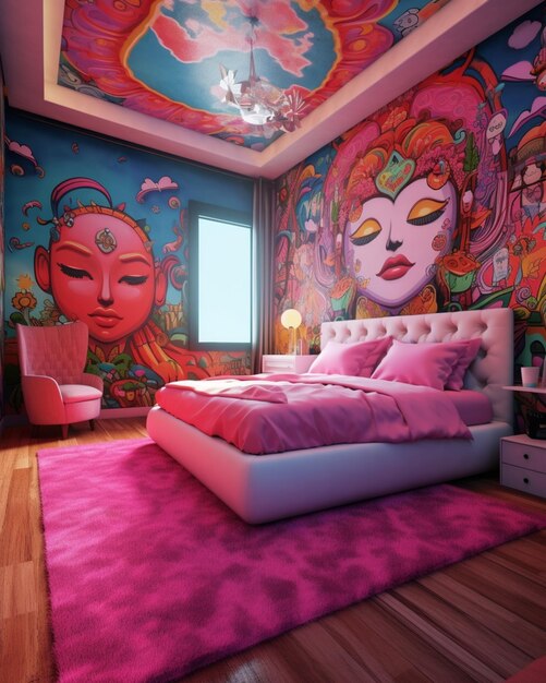 Un dormitorio con una cama rosa y un mural con una cara.