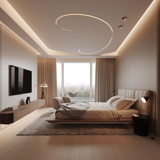 un dormitorio con una cama, una televisión y un gran ventanal con un gran diseño circular.