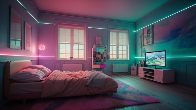 Un dormitorio con una cama, un televisor y una lámpara que dice 'rosa'