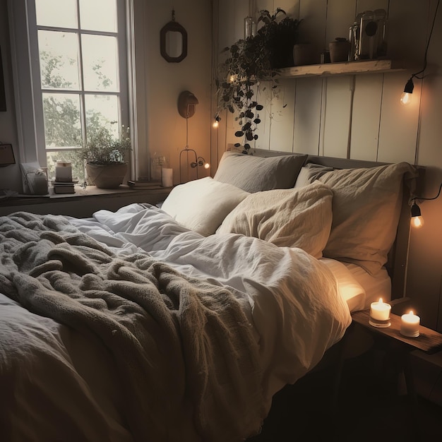 Un dormitorio con una cama y velas en la pared.