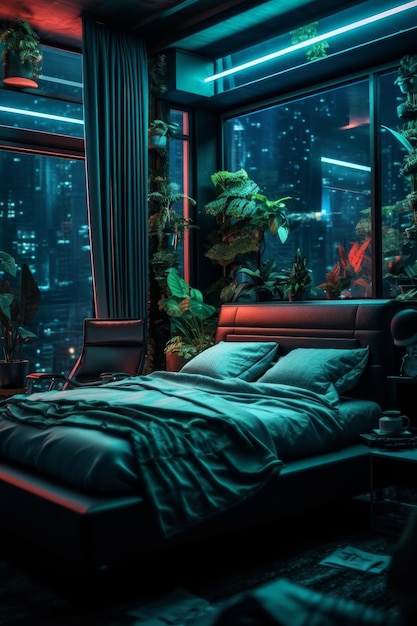 Un dormitorio con una cama y una ventana con una escena nocturna de fondo.