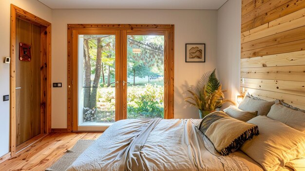 Un dormitorio con una cama una ventana y una puerta