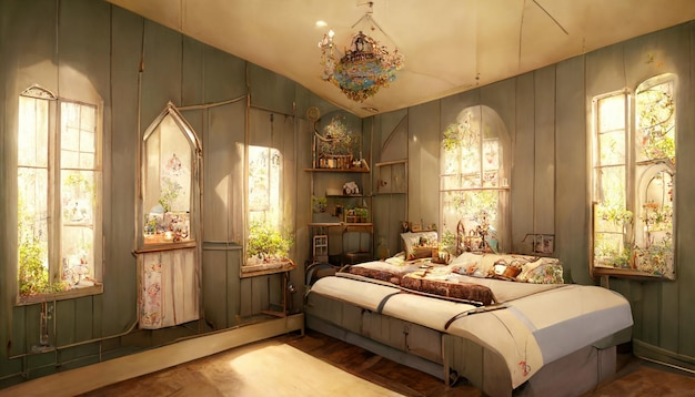 Un dormitorio con una cama y una ventana de la que cuelga una lámpara de araña.