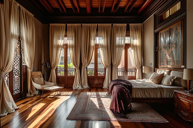 Dormitorio de una casa antigua con pisos de madera y ventana