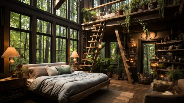 Foto un dormitorio en una casa del bosque con grandes ventanas y una escalera que conduce a un ático