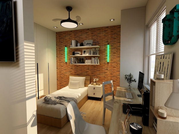 Foto dormitorio de casa moderna con gran cama y zona de almacenaje