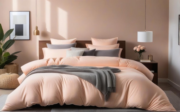Un dormitorio cómodo con una cama vestida con ropa de cama de color melocotón suave tonalidad de tono de moda moderna