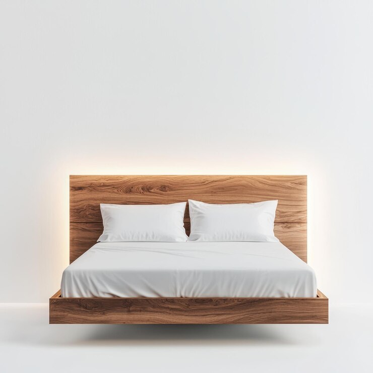 dormitorio contemporáneo con cama de madera flotante con ropa de cama blanca que crea una atmósfera serena y moderna