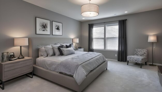 Dormitorio contemporáneo con cama principal paredes grises y alfombra