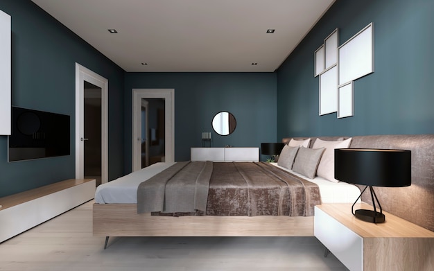 Dormitorio contemporáneo con paredes de color azul oscuro y muebles claros y dos sillas marrones. Representación 3D