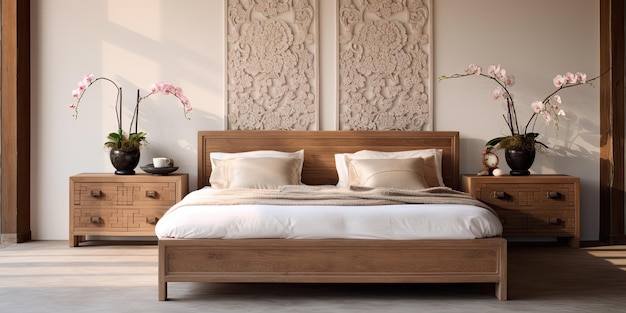 Un dormitorio contemporáneo y sereno con una cama de madera y una decoración oriental.