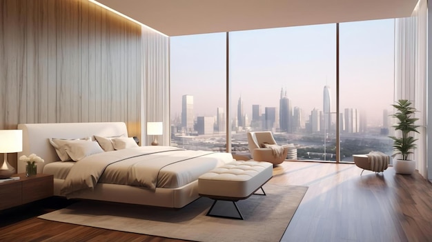 Un dormitorio contemporáneo con ventanales que ofrecen una vista panorámica de la ciudad generada por IA.