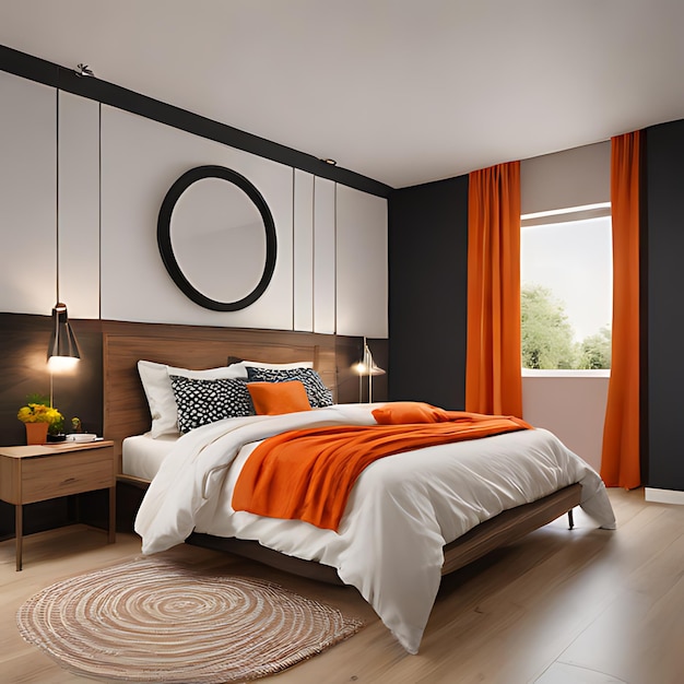 un dormitorio con cortinas naranjas y una cama con cortinas anaranjadas