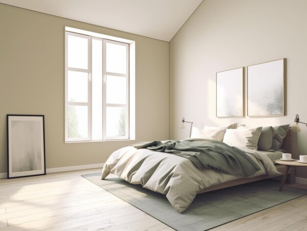 Foto un dormitorio con un cuadro en la pared y una cama con una manta encima.
