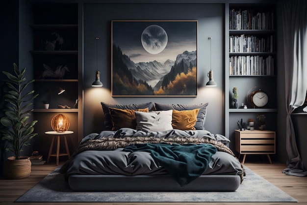 Un dormitorio con un cuadro en la pared encima de una cama con una montaña y una luna en la pared.