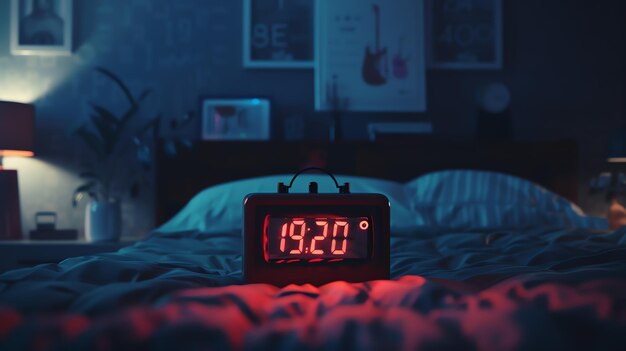 Un dormitorio débilmente iluminado con un reloj digital rojo en la cama El reloj dice 1920