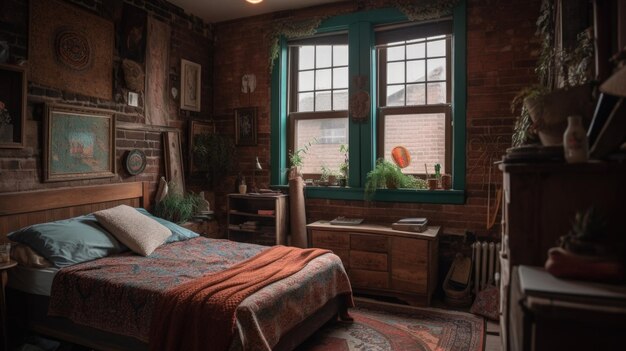 Dormitorio decoración hogar diseño interior estilo rústico bohemio con ventana decorada con ladrillo y material textil generativo AI AIG26