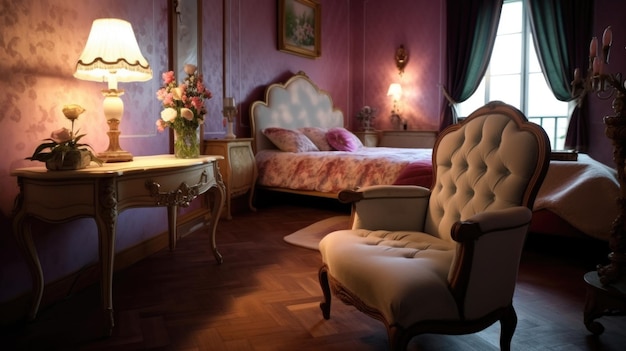 Dormitorio decoración hogar diseño de interiores Art Nouveau Estilo romántico con líneas curvas decoradas con material de vidrio y cerámica Generativo AI AIG26