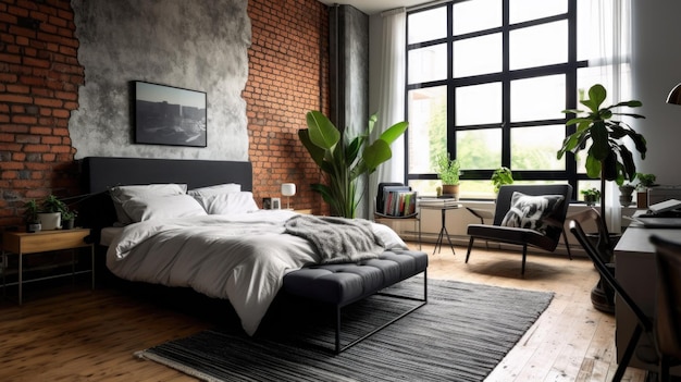 Dormitorio decoración hogar diseño de interiores Estilo minimalista industrial con ladrillo visto decorado con material de hormigón y metal AI generativo AIG26