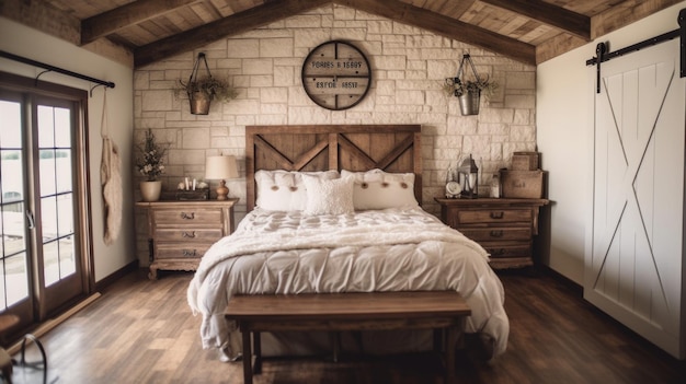 Dormitorio decoración hogar diseño de interiores Granja Estilo rústico con puerta de granero decorada con madera y material de ladrillo AI generativo AIG26