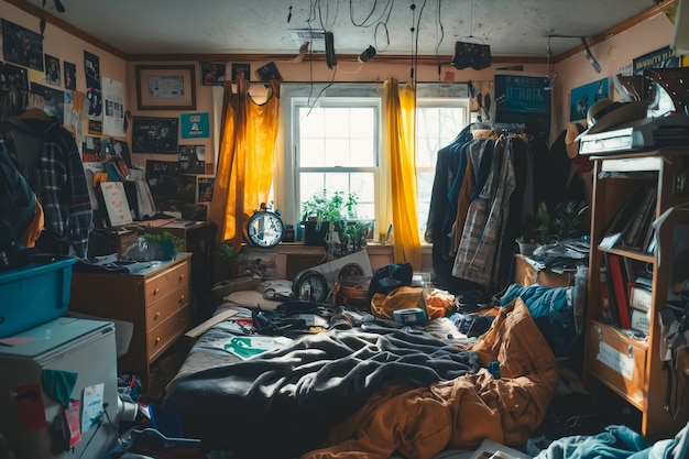 Foto dormitorio desordenado con escritorio y otros artículos