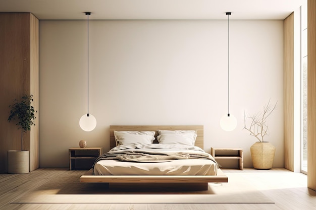 Dormitorio de diseño interior minimalista con un estilo de tono beige acogedor decorado con cama de madera Generative Ai