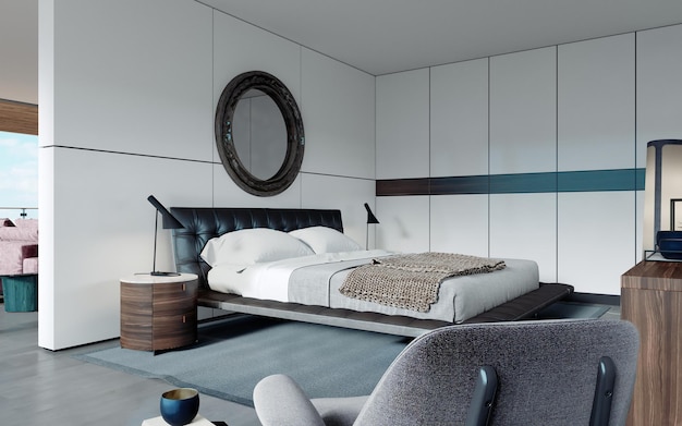 Dormitorio de diseño moderno en espejo redondo de armario de estilo escandinavo