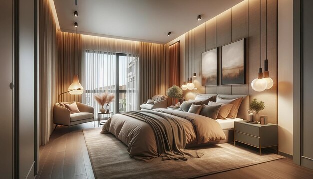 Un dormitorio elegante y acogedor en un apartamento moderno el dormitorio está diseñado con un cómodo y