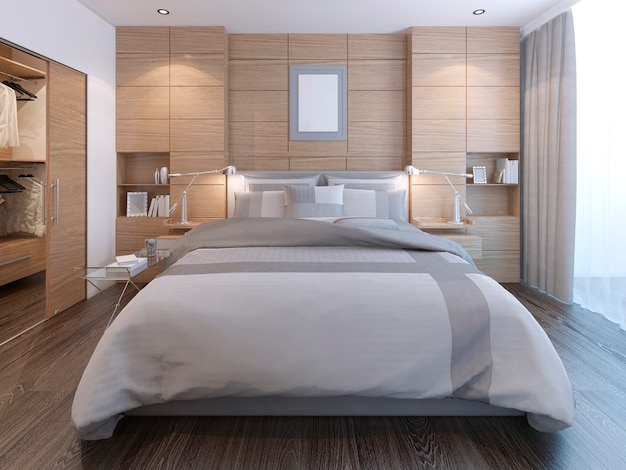 Dormitorio elegante con decoración de pared con cama exuberante y paneles decorativos de madera