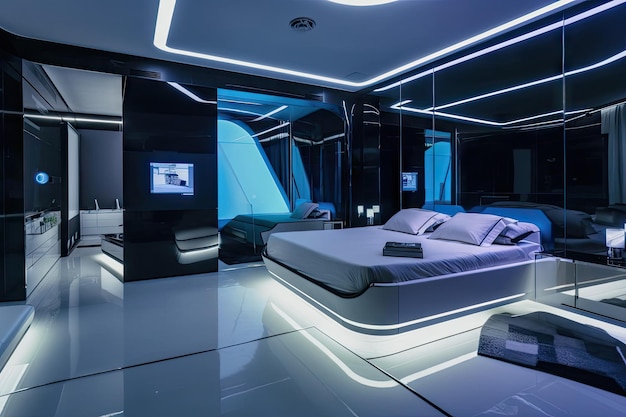 Foto dormitorio elegante y futurista con pantallas táctiles y pantallas holográficas