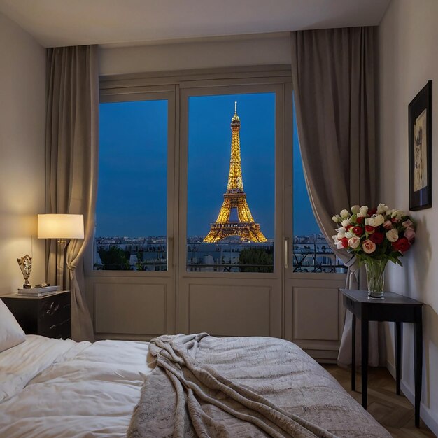 Un dormitorio elegante con una impresionante vista de la Torre Eiffel