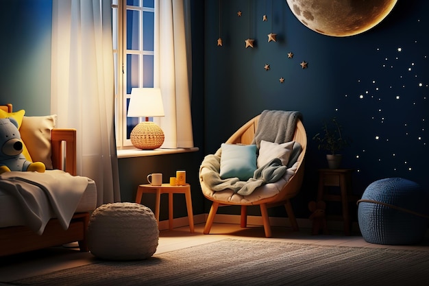 Dormitorio de ensueño con noche iluminada por la luna y decoración celestial