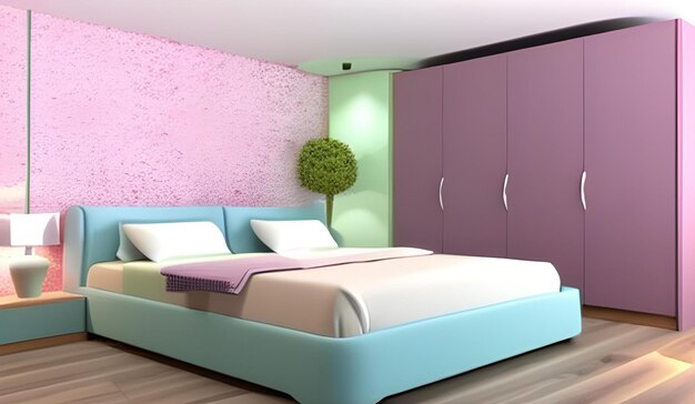 El dormitorio es de colores pastel.