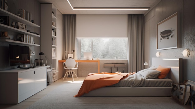 Un dormitorio con un escritorio y una cama con una sábana blanca encima.